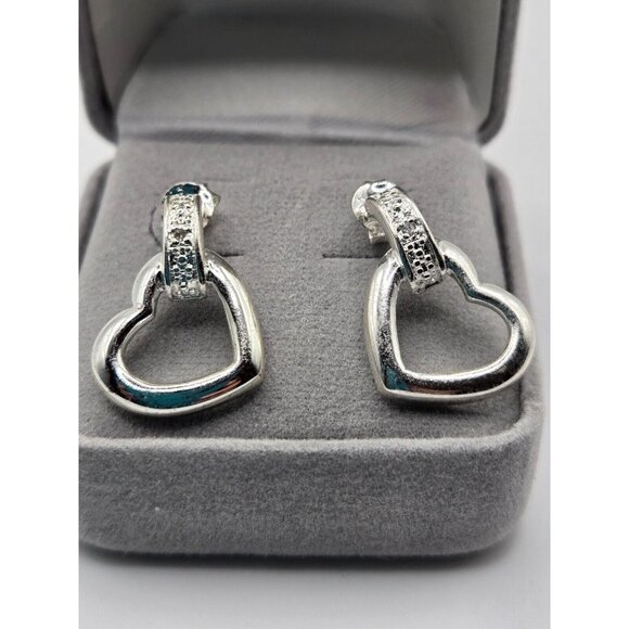Sterling Heart Dangle Stud Earrings NIB comes with Grey Velvet box .75" - Picture 8 of 10